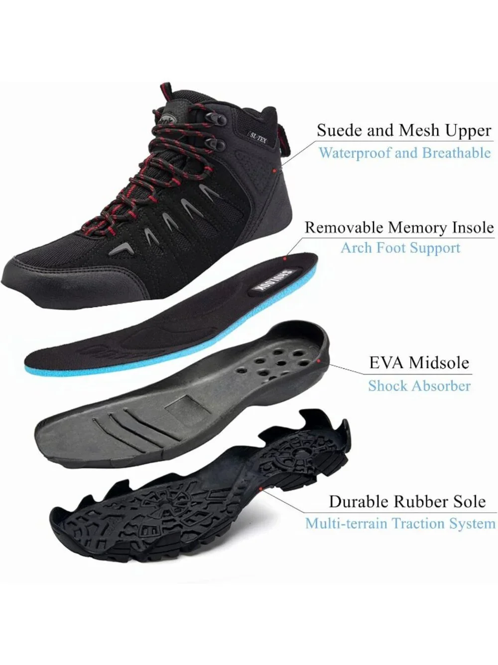 Men's Black Red Waterproof Shoes Casual Mid Top Round Toe Non Slip Hiking Boots